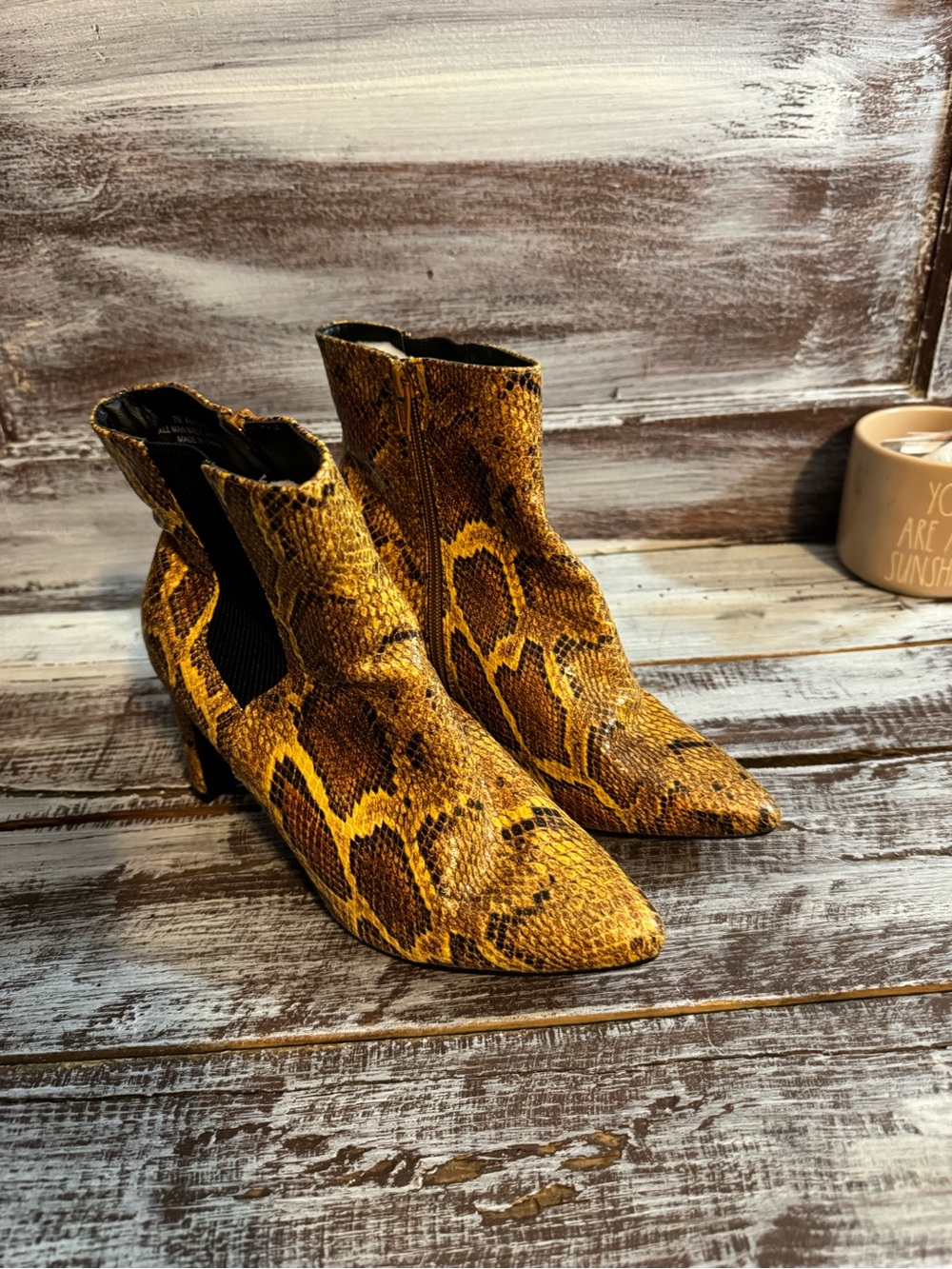Pointed Toe Yellow Snake-Print Ankle Booties